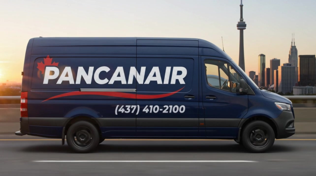 PanCanAir service van on the road with the Toronto skyline and CN Tower